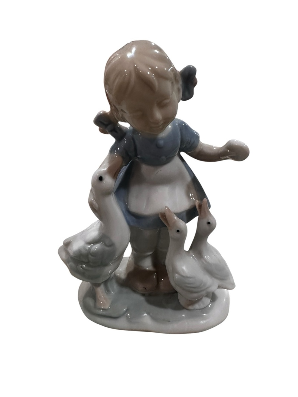 Porcelain Girl with Geese or Ducks Figurine - Blue and White